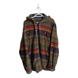 LL Bean Baja Syle Striped Hooded Button-Up Shirt Jacket - Green Multi Large Tall